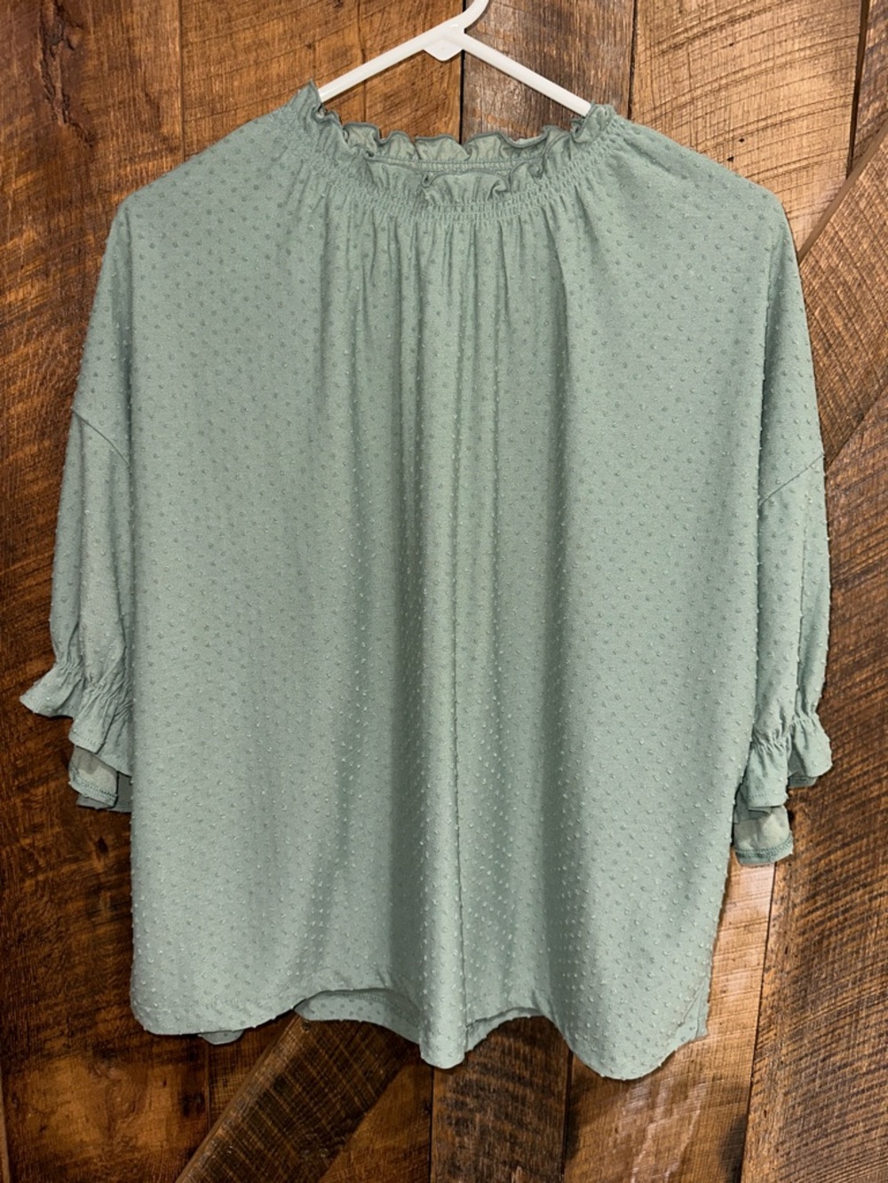 Madewell Frosted Willow 3/4 Sleeve Smocked Neckline Dot Ruffle Top Size XL F10